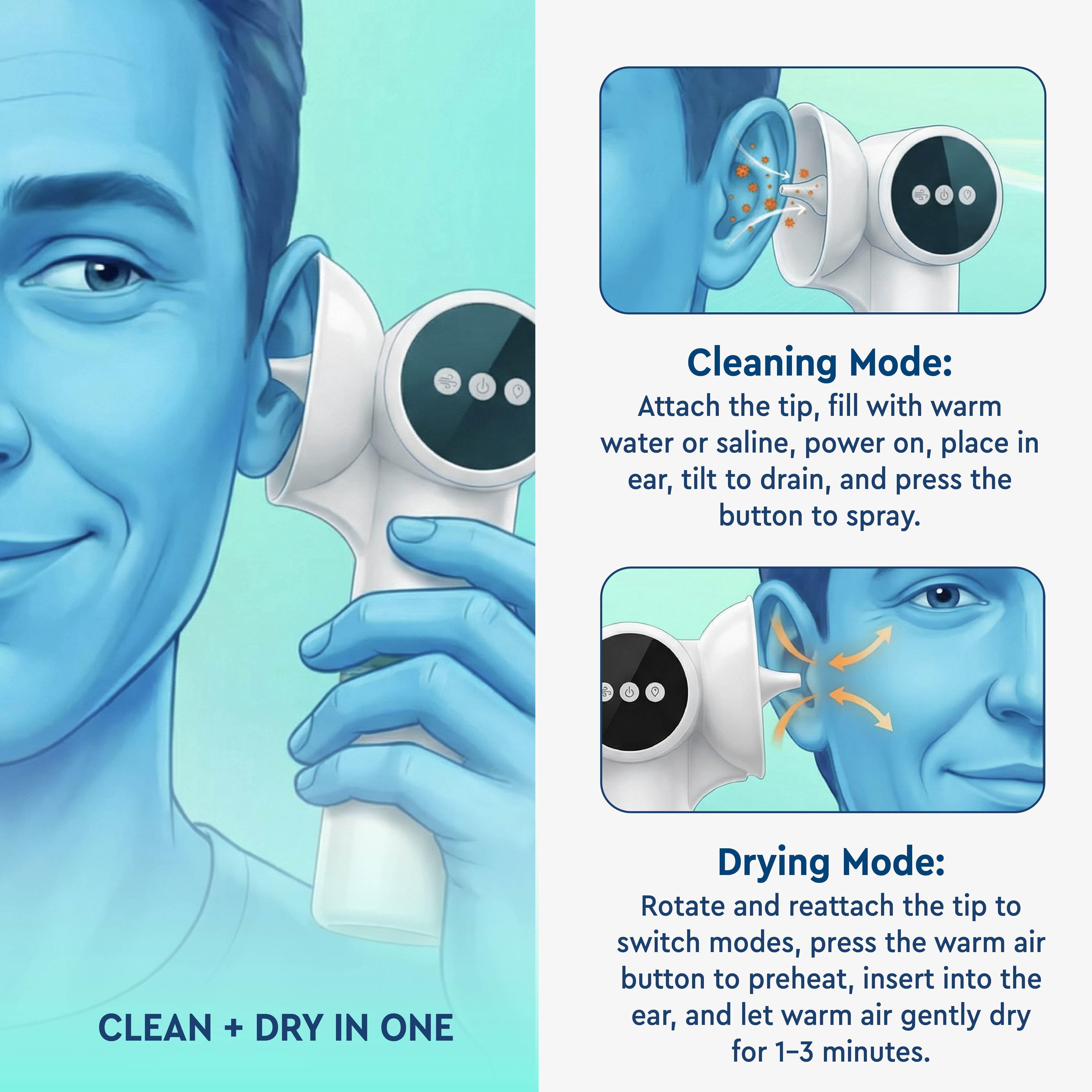 Navage Dual Action Ear Cleaner & Dryer System, Rechargeable, 5 Pressure Modes, For Ages 6+, Includes 2 Tips