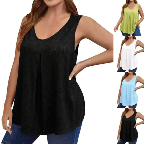 Qodauz Women's Plus Size Tank Top Tunic Scoop Neck Eylet Sleeveless T-shirt Flowy Loose Fit Summer Blouses Green 4XL
