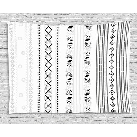 Henna Tapestry, Vertical Stripes with Geometric Floral Old Fashioned Motifs Rangoli Inspired Design, Wall Hanging for Bedroom Living Room Dorm Decor, 60W X 40L Inches, Black White, by
