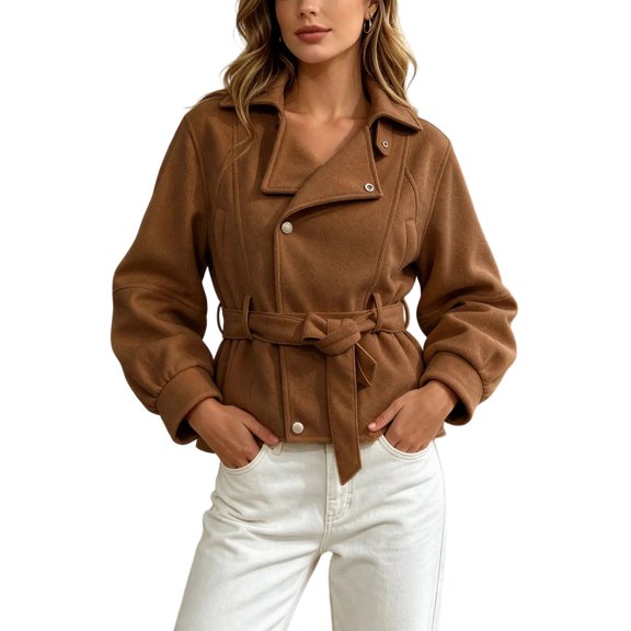 Enjoytime Cropped Jackets for Women Long Sleeve Notch Lapel Belted Short Trench Coat Fall Fashion Trendy Work Casual Outerwear