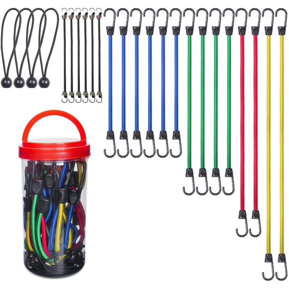 Best Choice 24-Piece Premium Bungee Cord Assortment in Storage Jar - Includes 10”, 18”, 24”, 32”, 40” Bungee Cords and 8” Canopy/Tarp Ball Ties