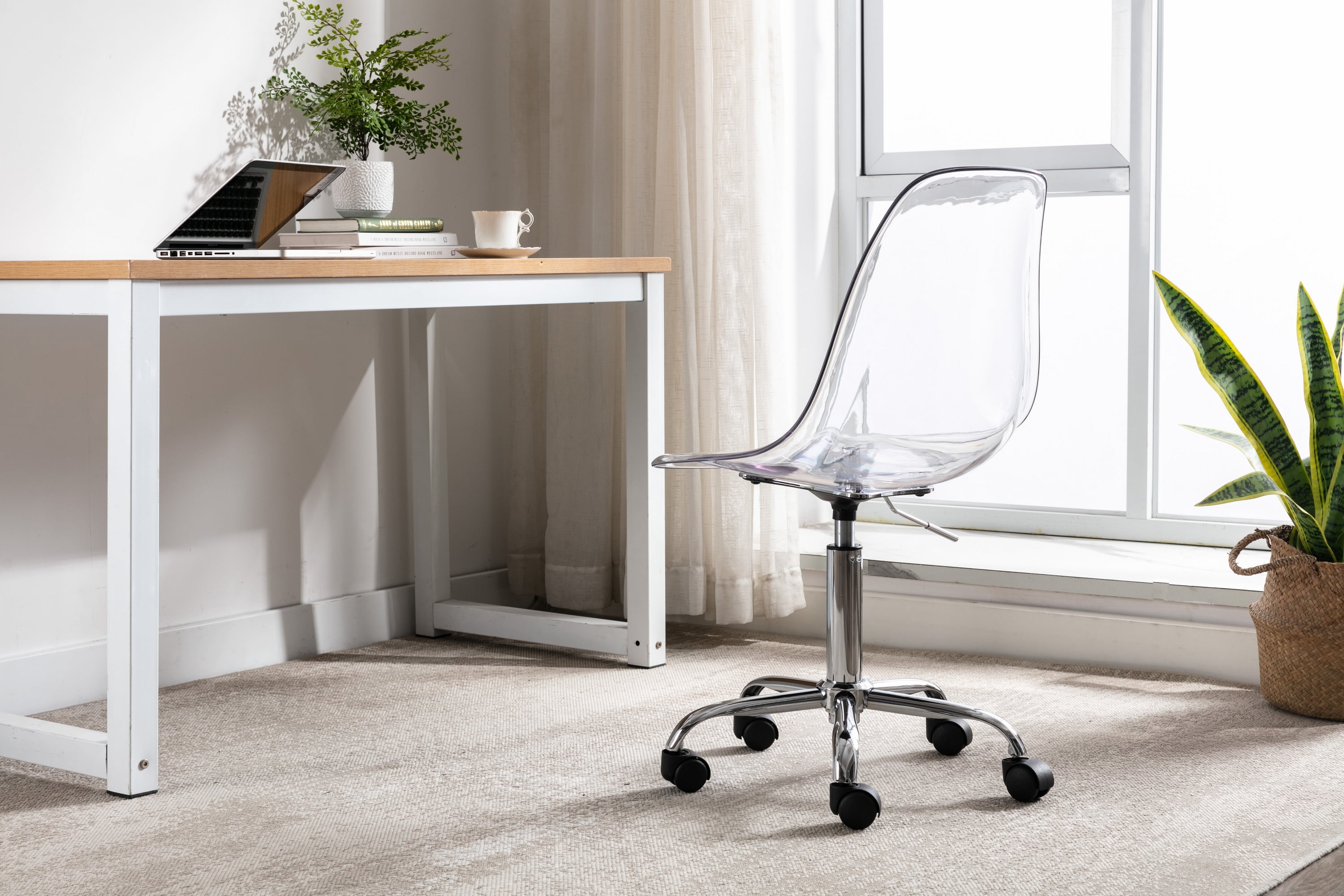 Luccalily Clear Acrylic Rolling Chair,Modern Small Cute Armless Vanity Rolling Plastic Chair Home Office Lucite Ghost Chairs with Adjustable Height and Wheels