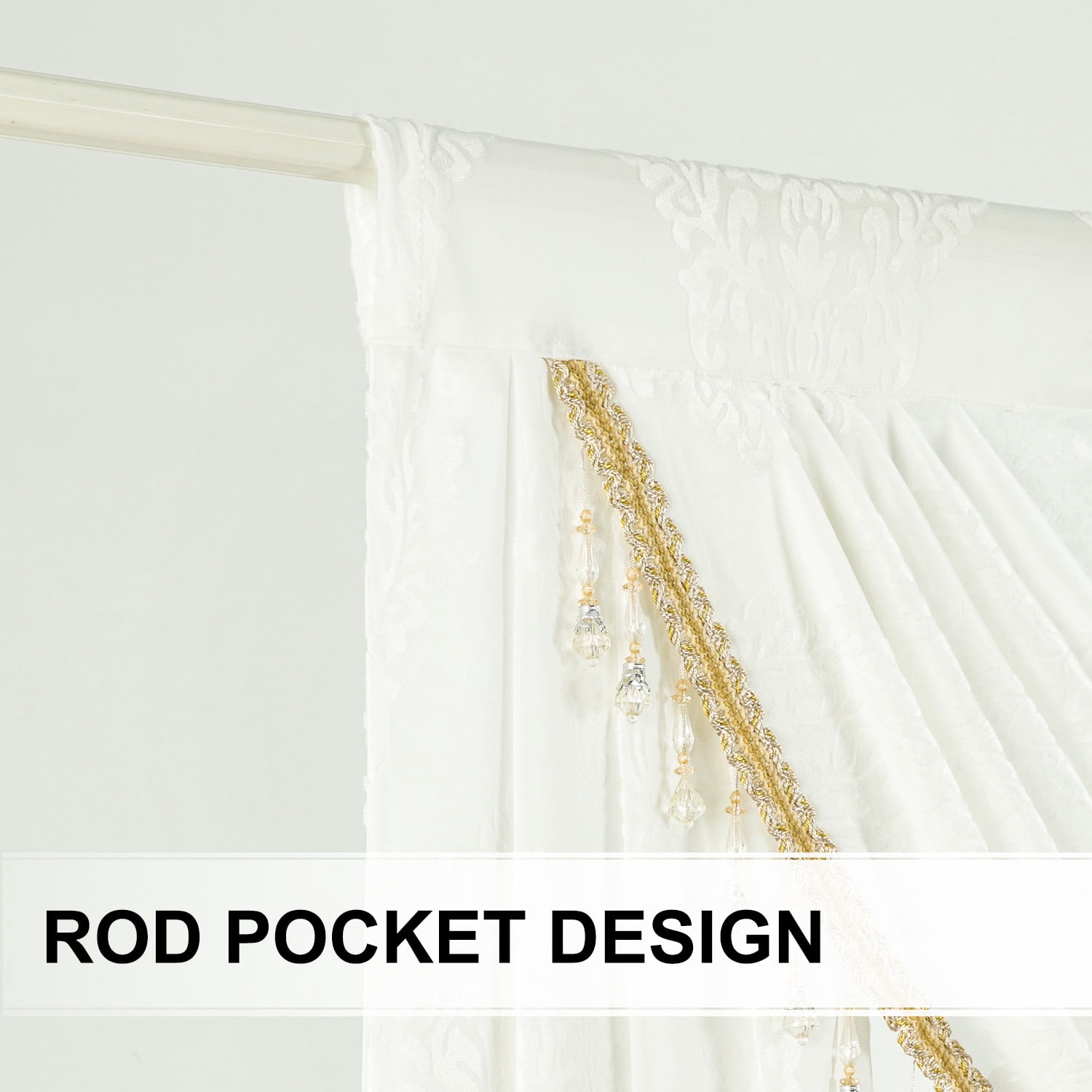 VOGOL Farmhouse Waterfall Valance - Vintage Damask Jacquard Voile with Beaded Tassels, Semi-Sheer Rod Pocket Window Topper for Bedroom Living Room, 39x43 Inch, White