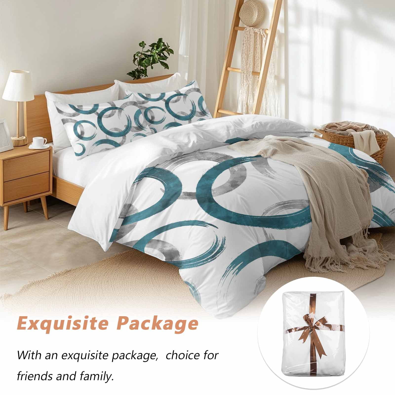 Turquoise Grey Bedding 3 Piece Duvet Cover Set California King, Geometric Circle Modern Abstract Simple Art Soft Microfiber Comforter Cover with Zipper Closure & Pillowcases, Quilt Cover