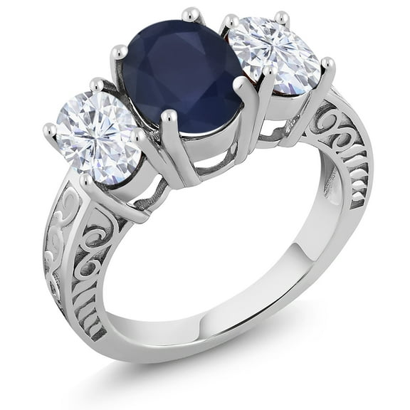 Gem Stone King 925 Sterling Silver 3-Stone Ring 4.00 Cttw Oval Blue Sapphire and Moissanite (Size 9)