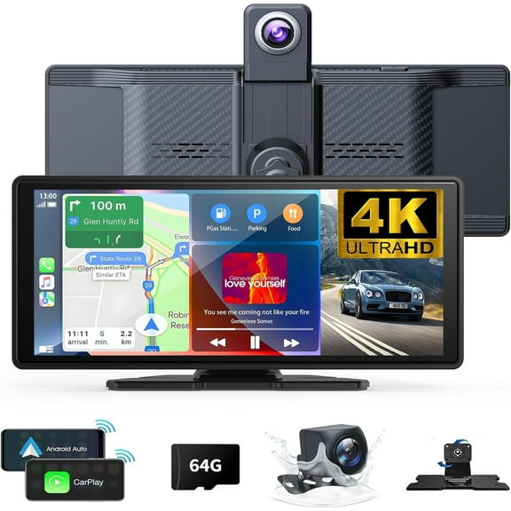 Wireless Carplay Screen for Car 10.26" 4K 360 Rotation Dash Cam Carplay&Android Auto Car Stereo 1080p Backup Camera GPS Navigation/Mirror Link/Voice Control/Siri/FM Satellite Radio Receiver