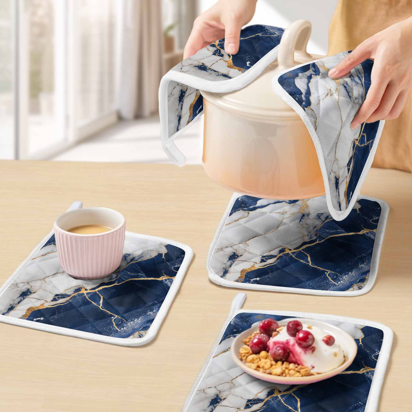 Marble Navy Blue Pot Holders for Kitchen Heatproof Potholder, 3 Pack Abstract Gold White Brick Stone Motif Hot Pads Multipurpose Oven Pads Cloth Potholders Trivet for Cooking Baking
