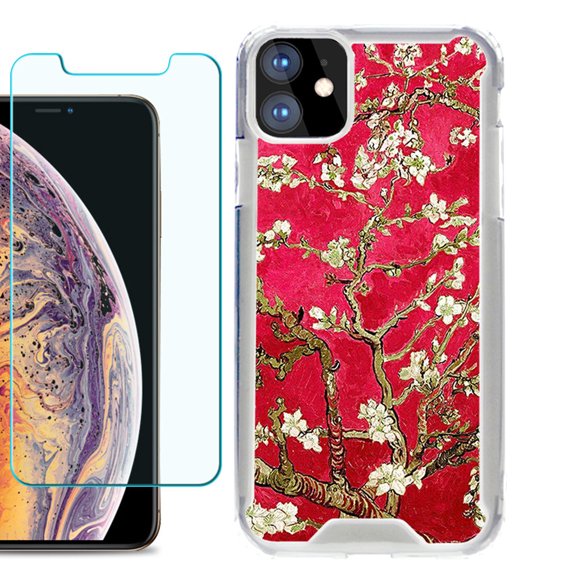 For Apple iPhone 11 Case, Hybrid Bumper Phone Case, with Tempered Glass Screen Protector, by OneToughShield ® - Almond Blossom Red