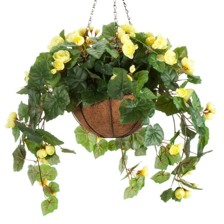 OakRidge Miles Kimball Fully Assembled Artificial Begonia Hanging Basket, 10” Diameter and 18” Chain – Yellow Polyester/Plastic Flowers in Metal and Coco Fiber Liner Basket for Indoor/Outdoor