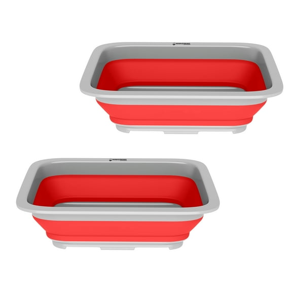 Set of 2 Multipurpose Wash Bins – 10-Liter Basins for Camping, Parties, or Cleaning – Collapsible Bucket Set by Wakeman (Red)