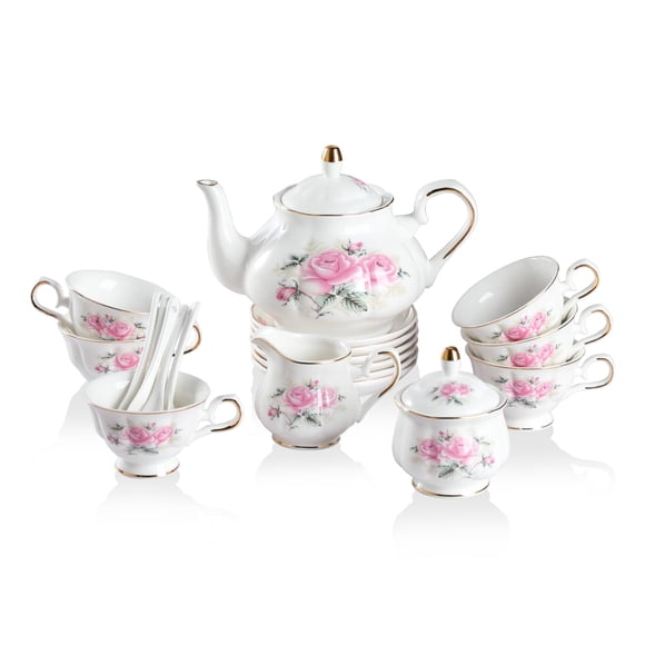 Sweejar Ensemble de Thé en Porcelaine Vintage à Motif Floral, Ensemble de Théière à Rebord Doré Style Britannique avec Tasse et Soucoupe, Ensemble de 22 Pcs pour Adultes, avec Théière, Bol à Sucre,