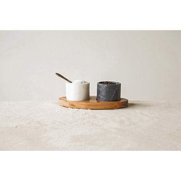 Marble Bowls With Mango Wood Tray - Set Of 2 Black & White Bowls With Brass Salt Spoon For Kitchen Dining