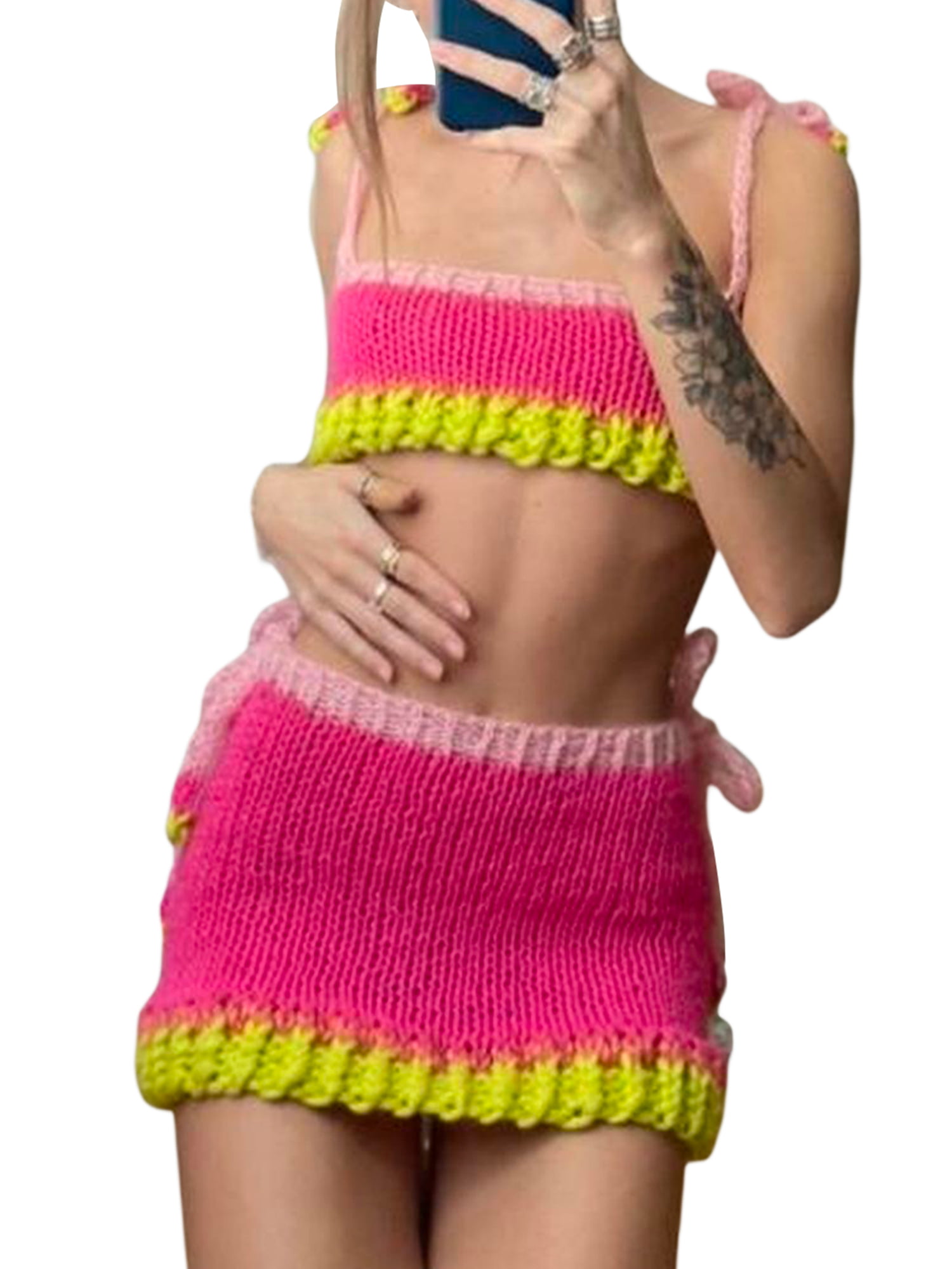Genuiskids Women's E-Girls Knit Skirt 2Pcs Outfits Patchwork Trim Tie-Up  Spaghetti Strap Short Crop Tank Tops Aesthetic Mini Skirt Summer Streetwear