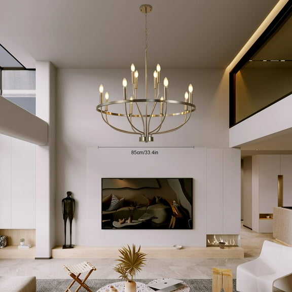 12-Light Brushed Nickel Chandelier Diam 33.46in, Farmhouse Industrial Country Style Large Round Pendant Light Fixture for Dining Room, Kitchen Island