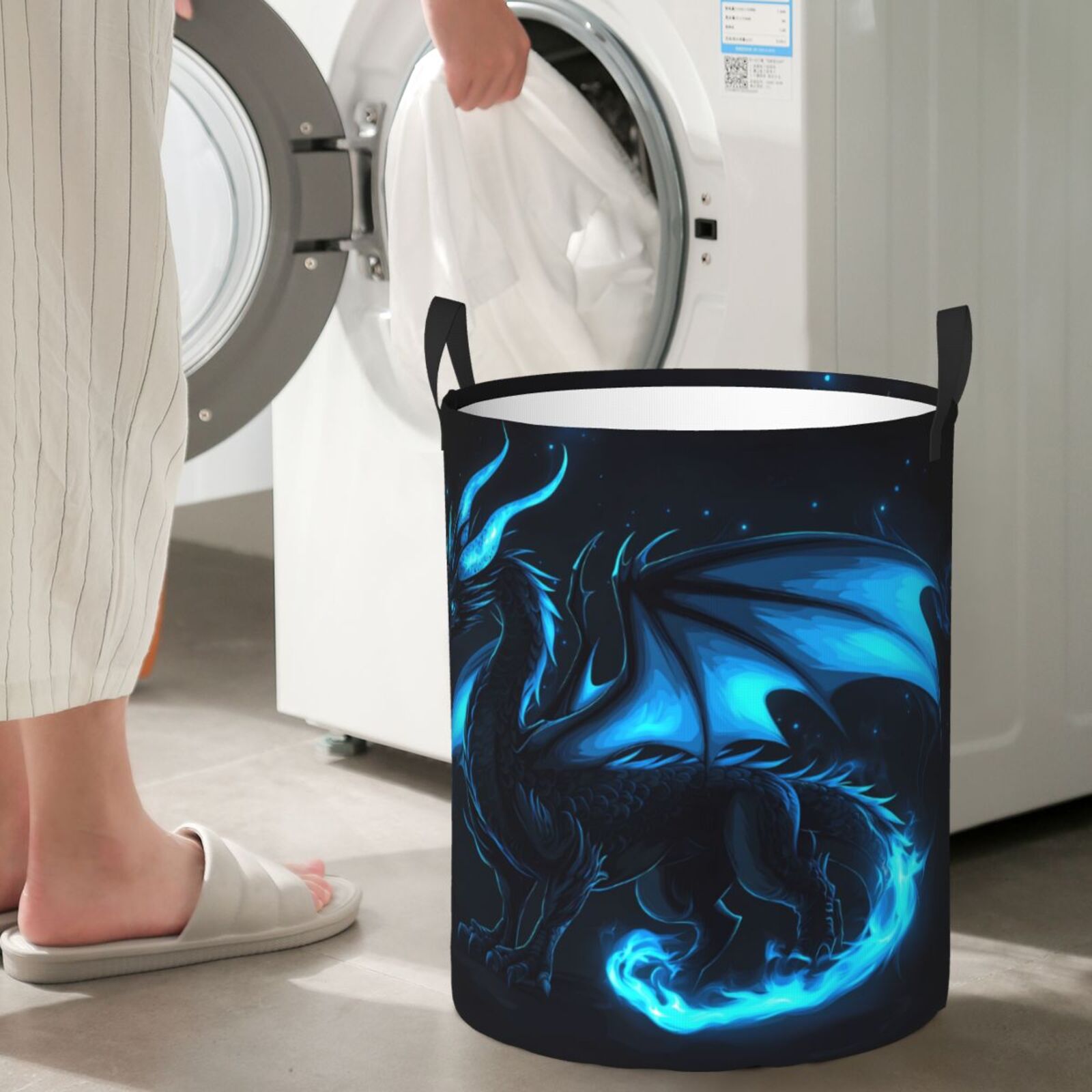 Large Laundry Basket with Handles - Blue Flame Dragon Aura Kids Baby Dirty Clothes Laundry Hamper for Bedroom Aesthetic
