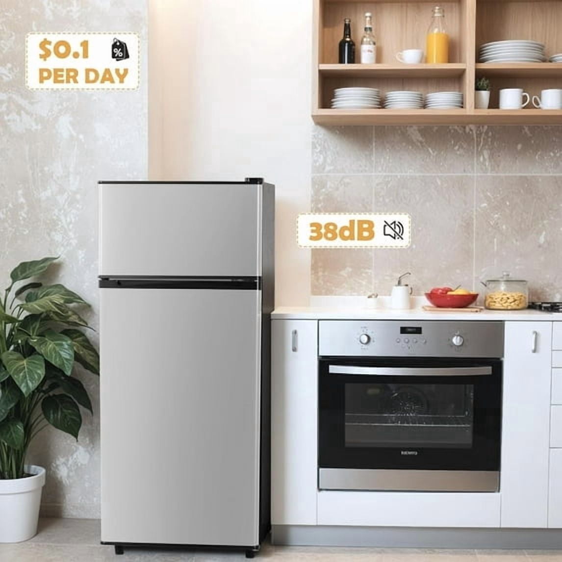 UrbanSync 4.5 Cu.Ft Mini Fridge with Freezer, 7 Temperature Settings, Featuring Adjustable Castors and Shelves, Suitable for Offices and Bedrooms (Silver)