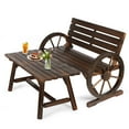 thumbnail image 4 of 2-Piece Wooden Wagon Wheel Bench Set with Coffee Table, 2-Person Rustic Wood Garden Bench W/Wagon Wheel Armrests & Slatted Backrest, Outdoor Patio Loveseat Furniture Set for Lawn Yard Park, 4 of 8