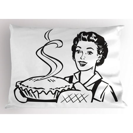 Serving Wear Vintage Woman Pillow Sham Housewife Wearing Mittens Holding and Serving Freshly Baked Pie at Home, Decorative Standard Queen Size Printed Pillowcase, 30 X 20 Inches, Black and White, by Ambesonne ()
