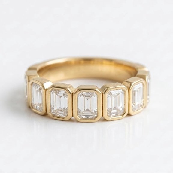 Elegant Diamond Half Eternity Engagement Band Ring, Emerald Cut Diamond Wedding Ring, Stackable Anniversary Ring, Promise Band Ring, Handmade Jewelry