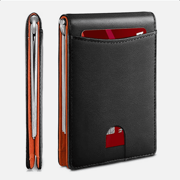 Men's Slim Leather Bifold Wallet with Money Clip & Credit Card Slots - Front Pocket Design. (Black Orange)
