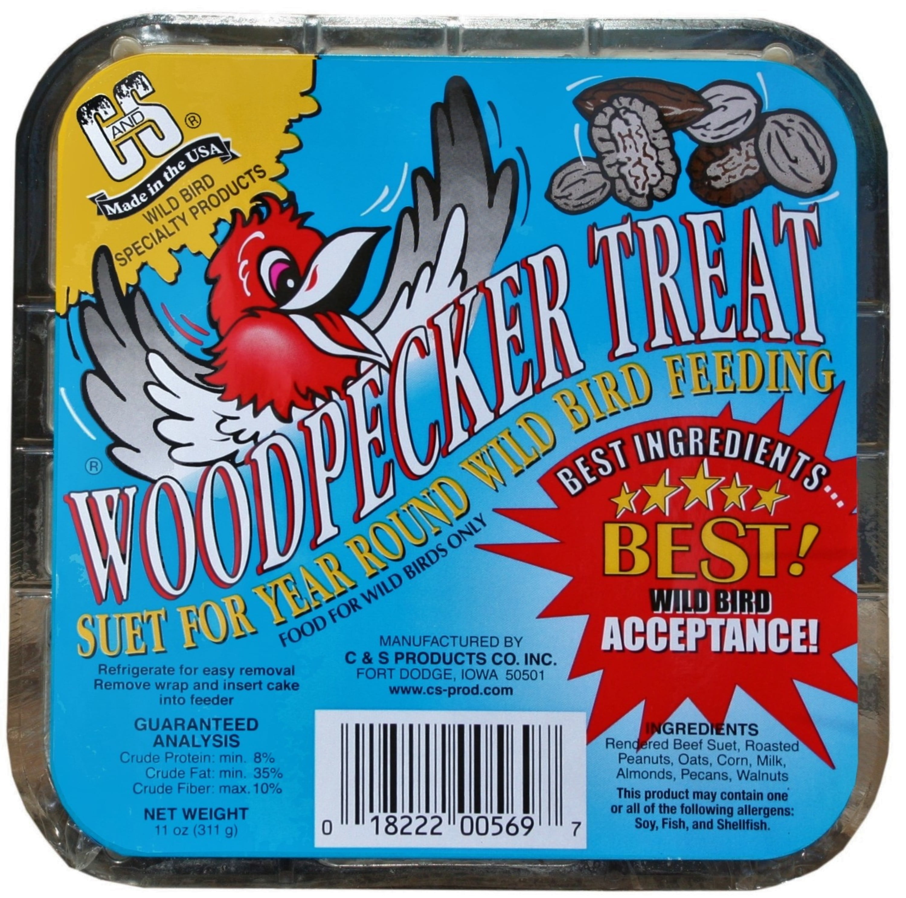 C&S Products Woodpecker Suet Treat, 11 oz Cake, Wild Bird Food