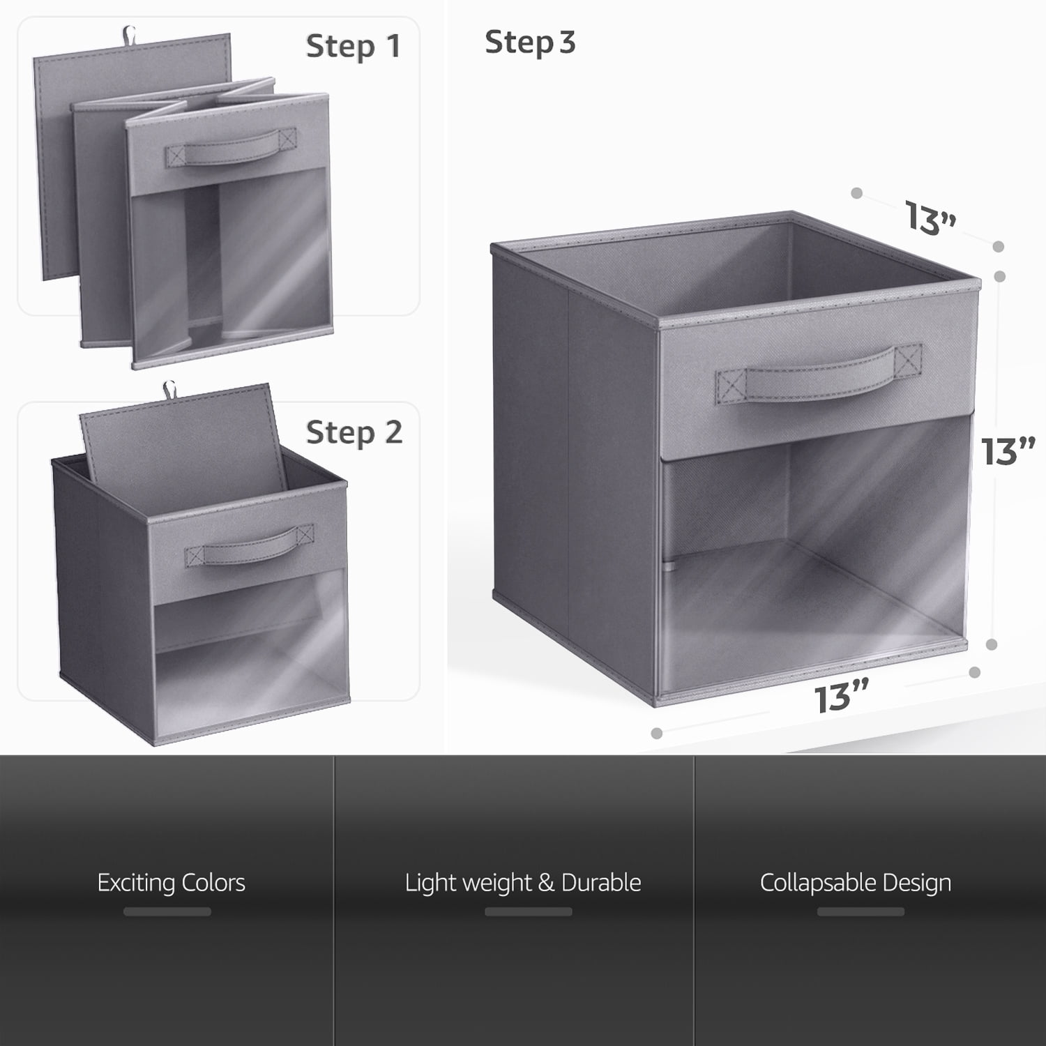 Sorbus 13” Foldable Storage Bins with Clear Window – Set of 6 Collapsible Fabric Baskets with Handles for Clothes, Toys, Books – Sturdy Organizer Cubes for Shelves & Closets, Gray