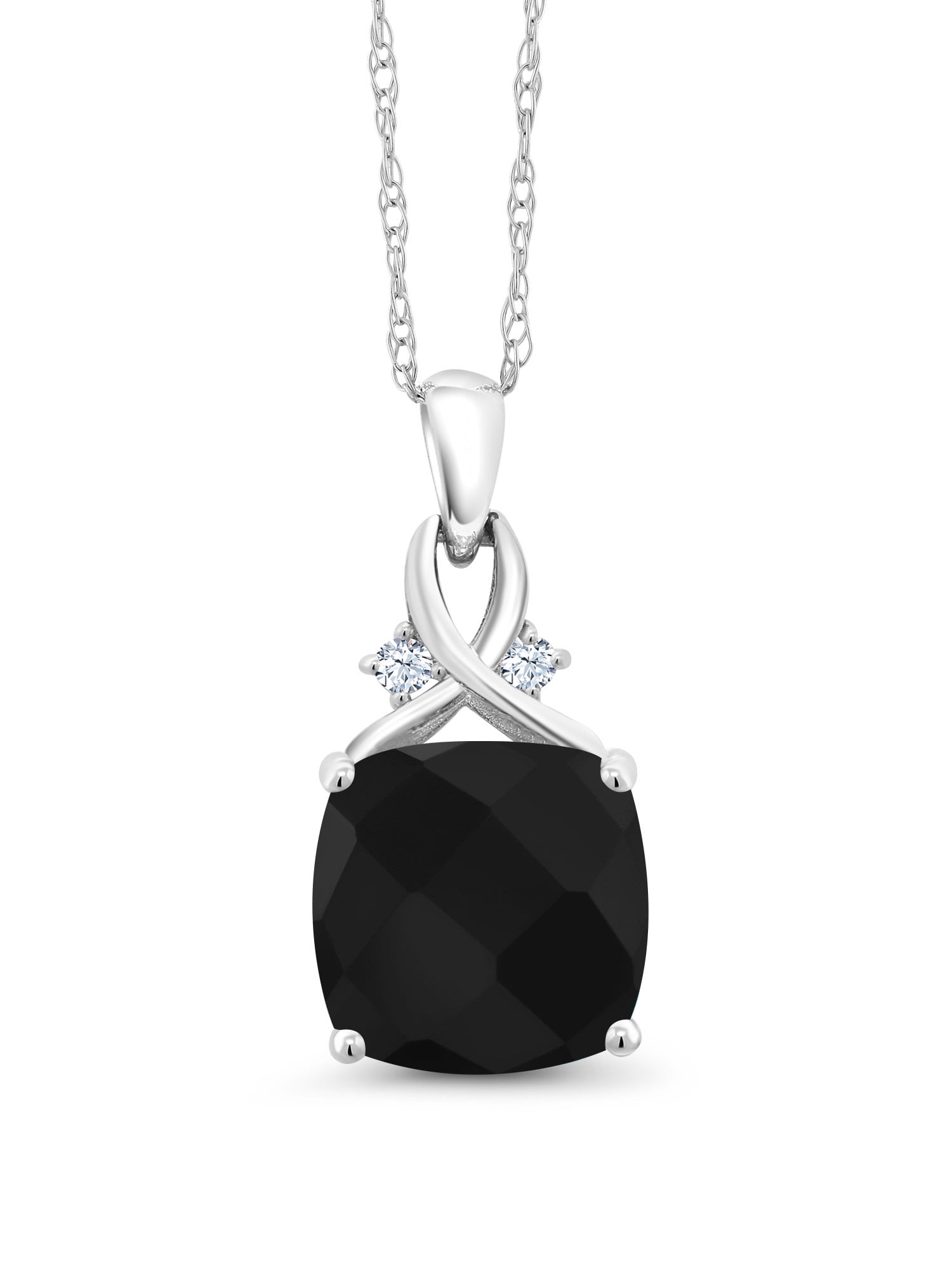Gem Stone King 10K White Gold Black Onyx Pendant Necklace For Women (3.68  Cttw, Gemstone Birthstone, Cushion Checkerboard Cut 10MM, with 18 inch 