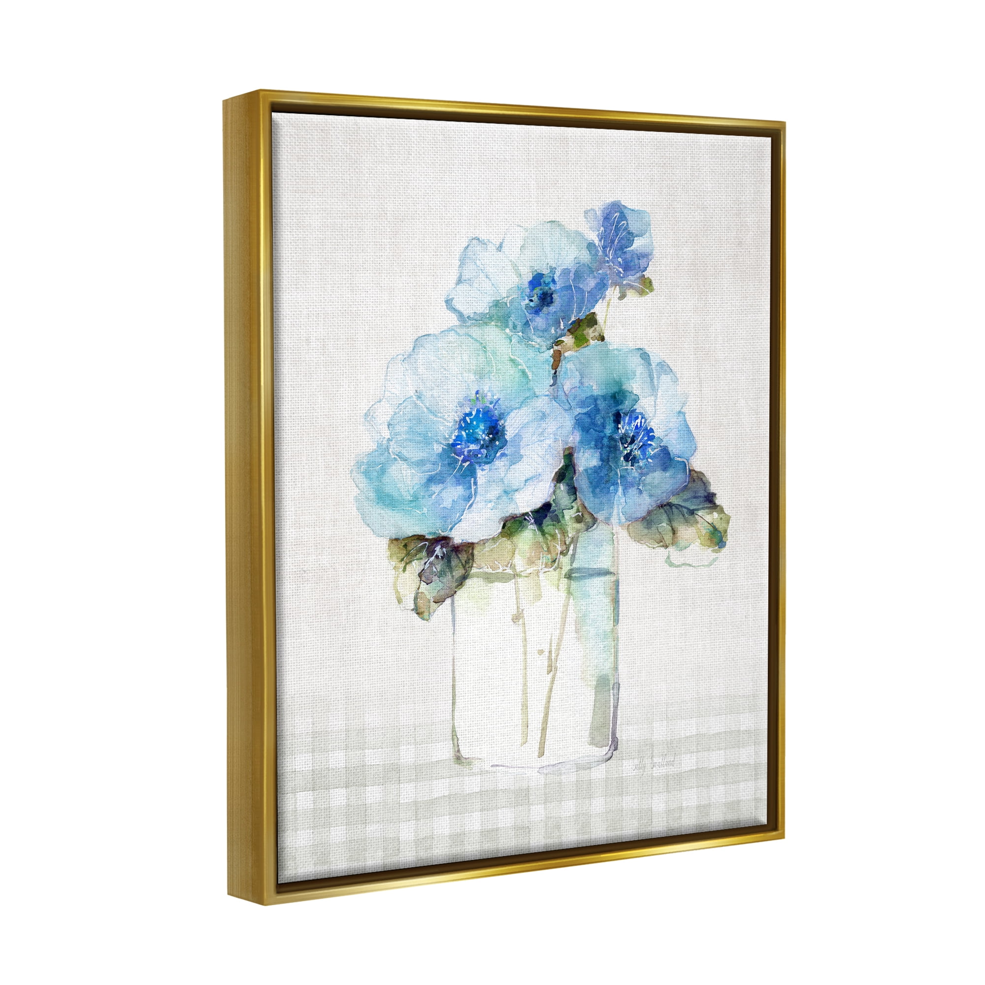 Stupell Industries Plaid Blue Flowers Botanical & Floral Painting Gold Floater Framed Canvas Art Print Wall Art, 25 x 31