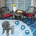 thumbnail image 3 of MEETWARM 3 Piece Patio Bistro Set, Outdoor All-Weather Cast Aluminum Dining Furniture Set Includes 2 Cushioned Chairs and a 31” Round Table with Umbrella Hole for Garden Deck, Chili Red, 3 of 7