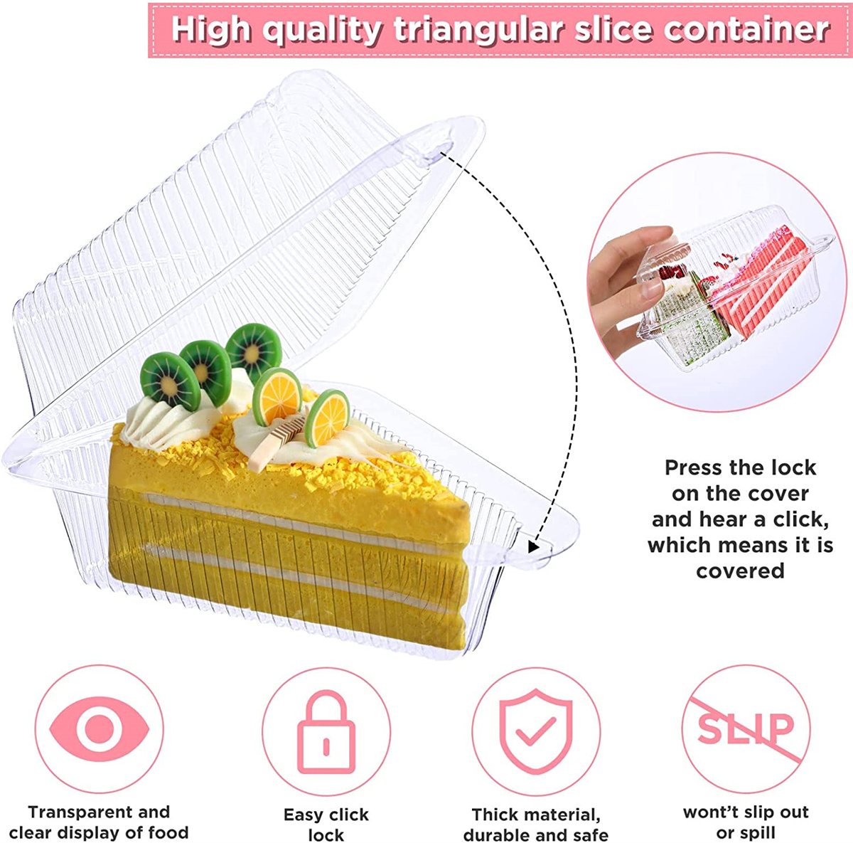 100 Pack Disposable Hinged Plastic Cake Containers, Clear Cake Slice Containers with Lids-Cheesecake Containers,Individual Pie Slice Containers for Dessert, Pastry, Cookie, Snack, Fruit