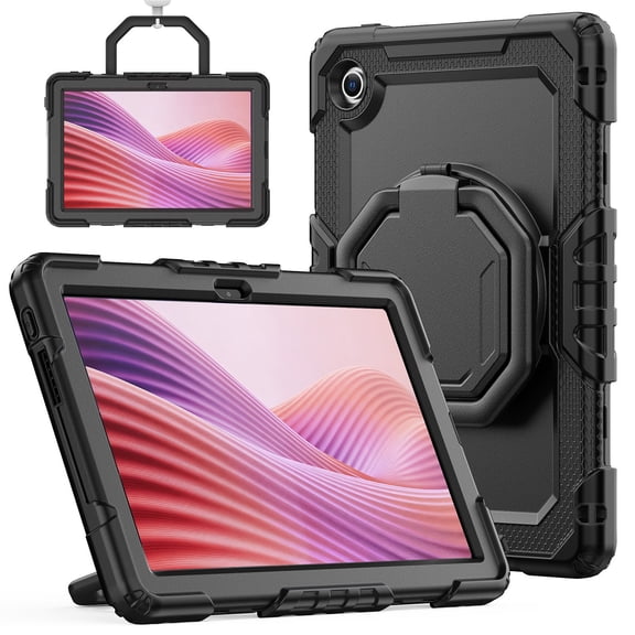 for Lenovo Tab 10.1/ Tab K10C Case 10.1 inch 2025, 360 Rotating Shockproof Cover with Stand, Handle, Shoulder Strap, Black