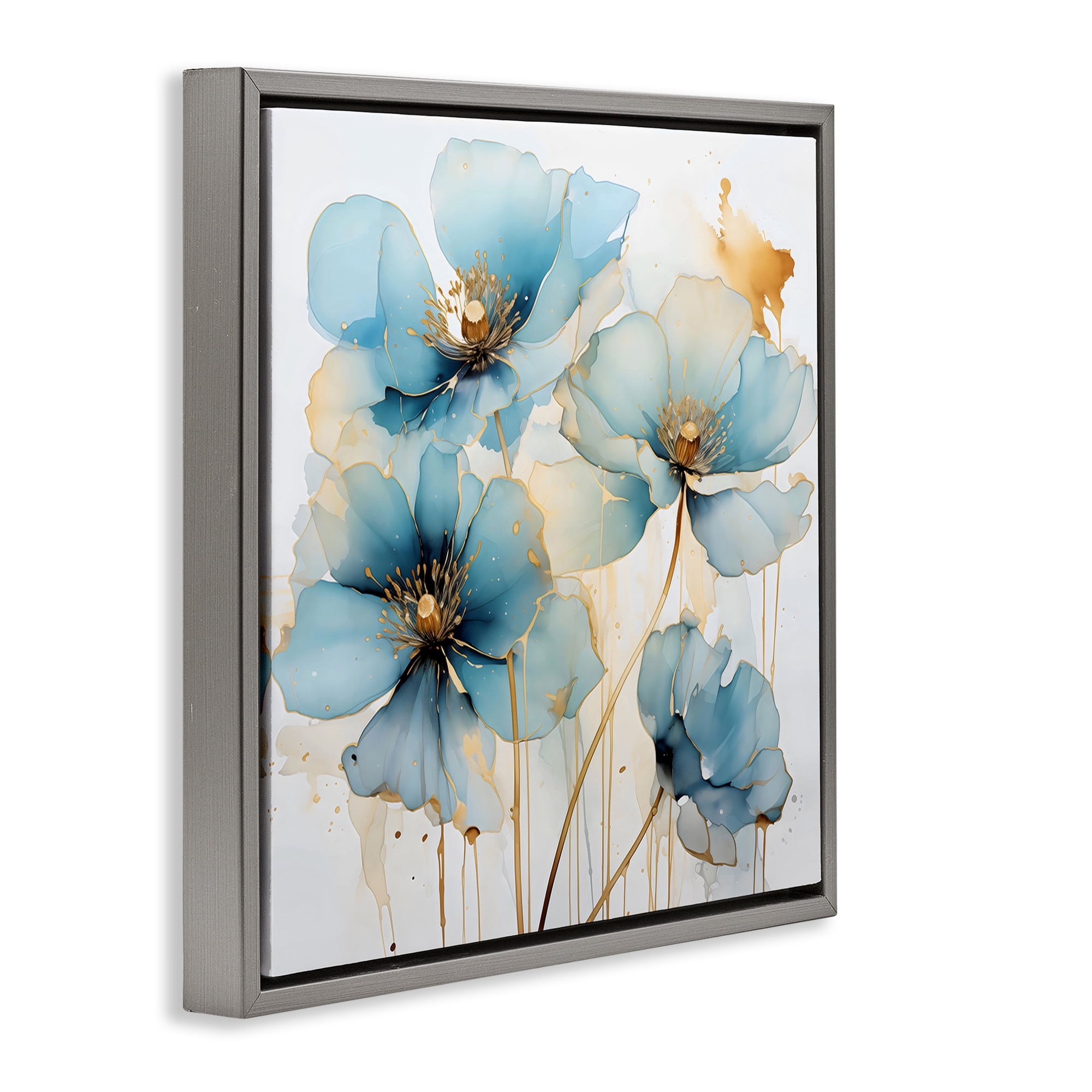 Stupell Industries Sapphire and Gold Florals Gray Framed Floater Canvas Wall Art, design by Creative Studio