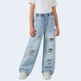 thumbnail image 2 of Xijirk Girls Pants Casual Denim Jeans Loose Wide Leg Trousers With Heavy Distressed Elastic Waist Solid Color For Summer Daily Wear,Blue,7-8 Years, 2 of 9
