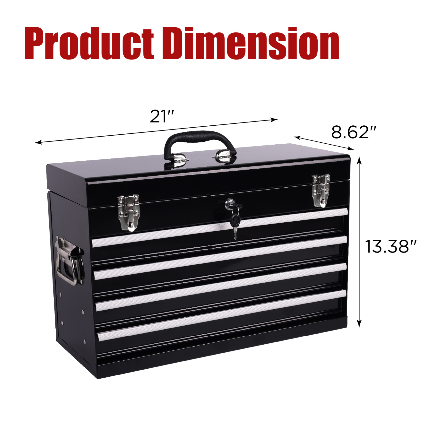 21-inch Heavy Duty Metal Tool Box, Portable Tool Chest with 4 Drawers, EVA Liners, Ball Bearing Slide Drawers, Lockable, Powder Coated, Multi-Function Tool Organizer, Black