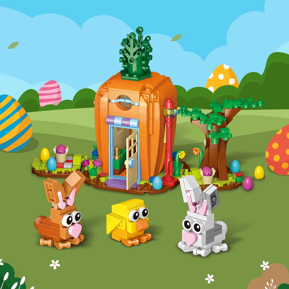 Easter Bunny Carrot House Building Set, 2 Rabbits, Chick, Colorful Easter Egg and Basket Toy, Brickheadz Pets Building Blocks Kit Gift for Boys Girls Toddlers