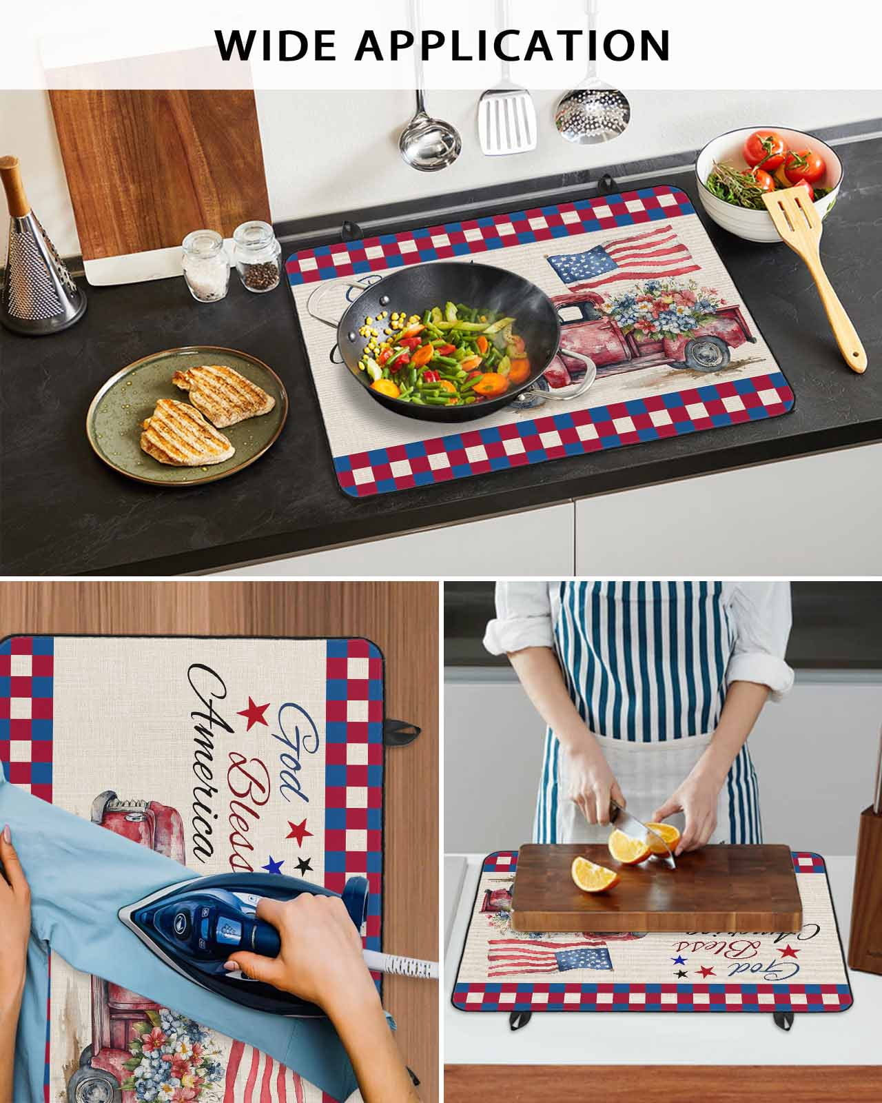 nqOlkjepod Large Induction Cooktop Protector Mat 24"x21", 4th of July Stove Top Covers for Electric Stove, Red Blue Plaid Truck Floral Star Rustic Stove Burner Cover Mats, Glass Top Stove Cover
