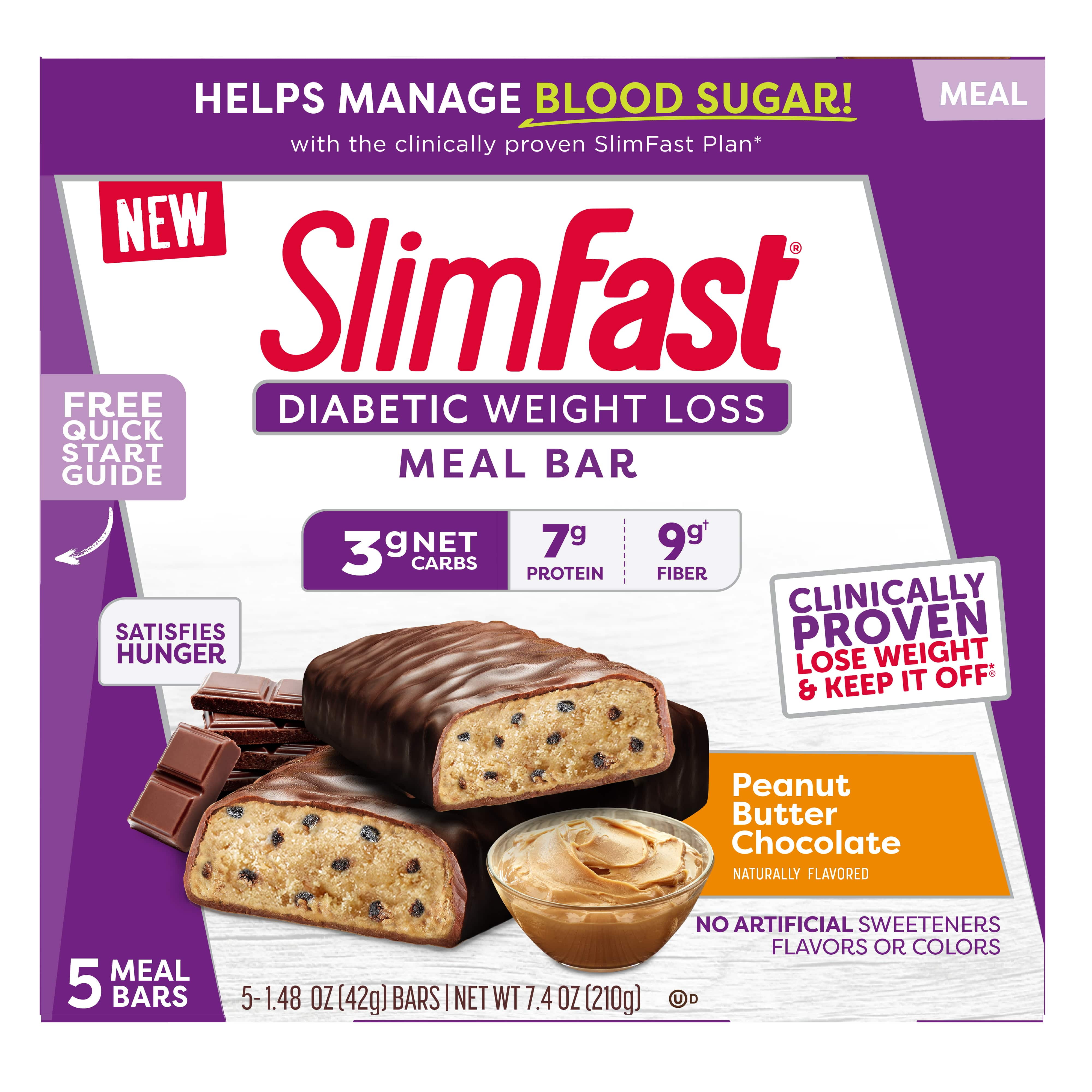 SlimFast Diabetic Weight Loss Meal Replacement Bar, Peanut Butter