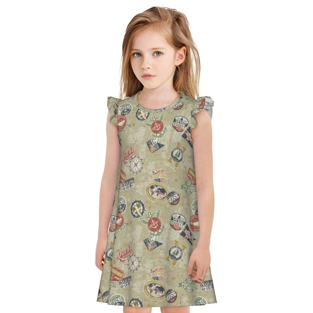 Fotbe Marine Sailing Badges Vestido de Dormir para Niñas de 3 a 10 Años, Mangas Cortas, Estilo Princesa, Pijama Camisón con Mangas Voladas-Large