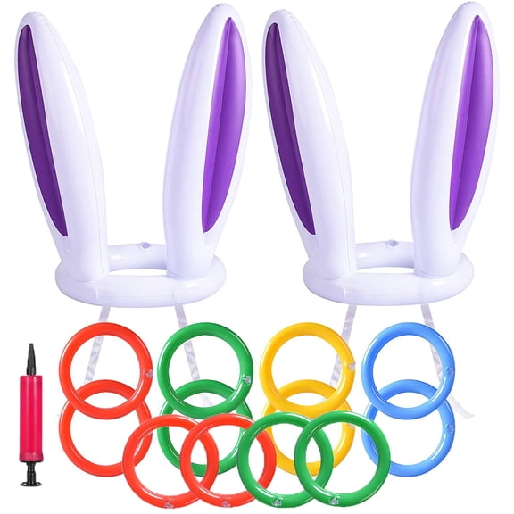 Bunny Ears Ring Toss Game Set, 2 Rabbit-Ear Hats, 12 Rings, 1 Hand-held Pump, Perfect for Family Easter Party Games