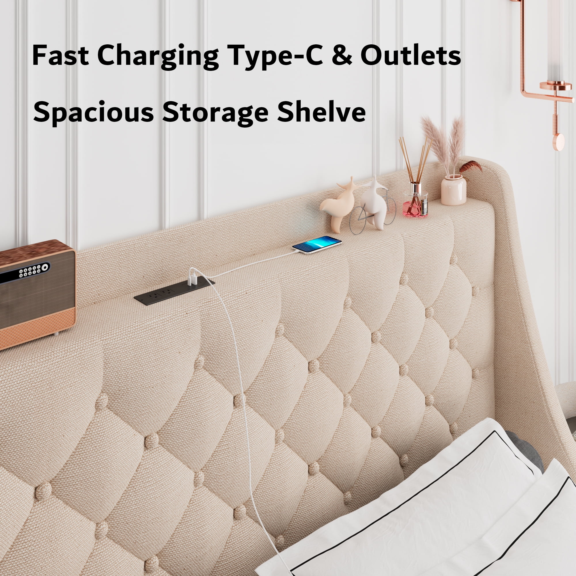 Virans Queen Bed Frame with 4 Storage Drawers & Charging Station, Upholstered Platform Bed Frame with Wingback Storage Headboard,No Box Spring,Beige