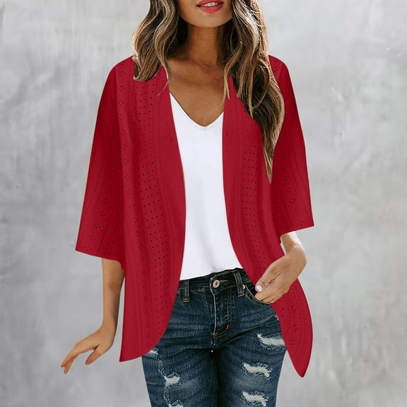 jobturf Womens Cardigans Open Front Cropped 3/4 Length Sleeve Shrugs Hollow Out Eyelet Embroidery Casual Bolero Shrug