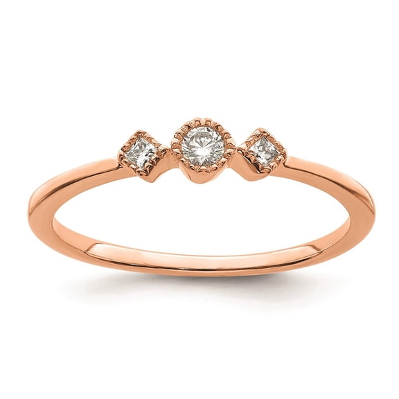 Diamond2Deal 14k Rose Gold Beaded Edge Petite 3-Stone 1/10 carat Round/Princess Diamond Complete Promise/Engagement Ring for Women Size- 7