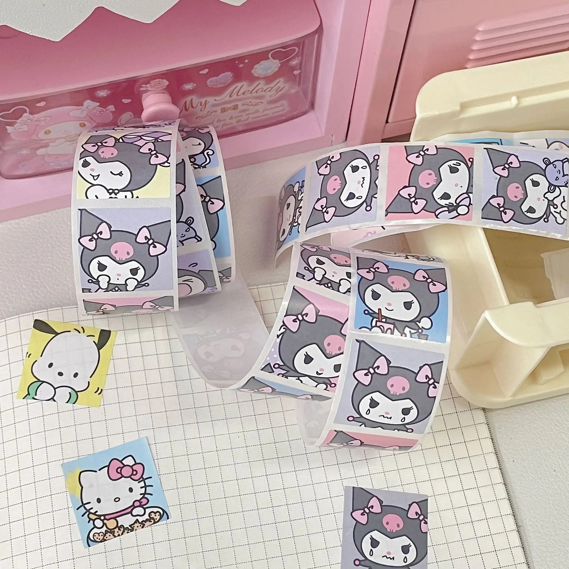 200 uds/rollo Sanrio Kuromi Hello Kitty pegatinas de cuenta de mano ...