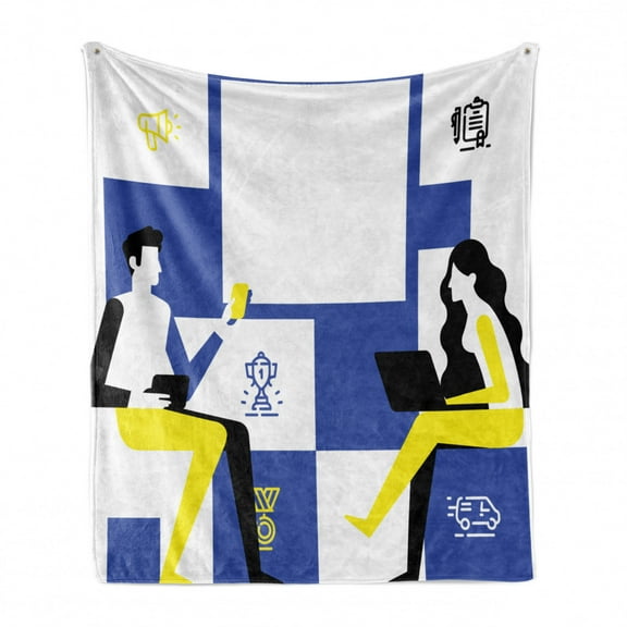 Modern Soft Flannel Fleece Throw Blanket, Man and Woman Communicate at a Business Meeting Smart Phones Computer, Cozy Plush for Indoor and Outdoor Use, 70" x 90", Dark Violet and Yellow, by Ambesonne