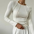 thumbnail image 3 of Women'S Long Sleeve Shirts Slim Fit Crew Neck Fall Clothes Exposed Seams Ribbed Basic Tops White S, 3 of 5