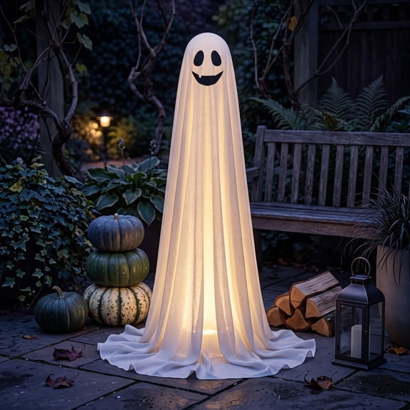 165cm Tall Lighted Standing Ghost Prop, Fabric Draped Luminous Spirit Ornament, Freestanding Halloween Outdoor Decor for Yard Courtyard