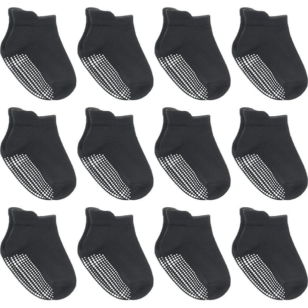 12 Pairs Non-Slip Toddler Socks With Grips for Baby Boys and Girls -  Anti-Slip Ankle Socks for Infant's and Kids Black 6-12 Months 