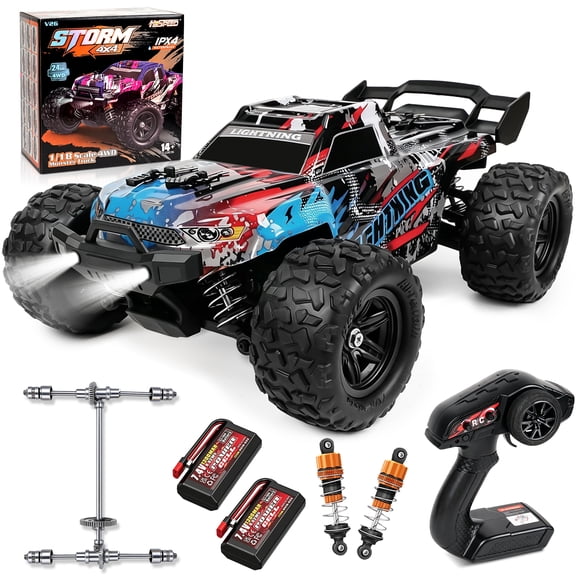 1:18 Scale All Terrain Fast RC Cars for 36KPH, 4WD Electric Off-Road Remote Control Monster Truck with Metal Chassis, 2.4Ghz High Speed Car, Waterproof RC Truck with 2 Batteries for Boys & Kids