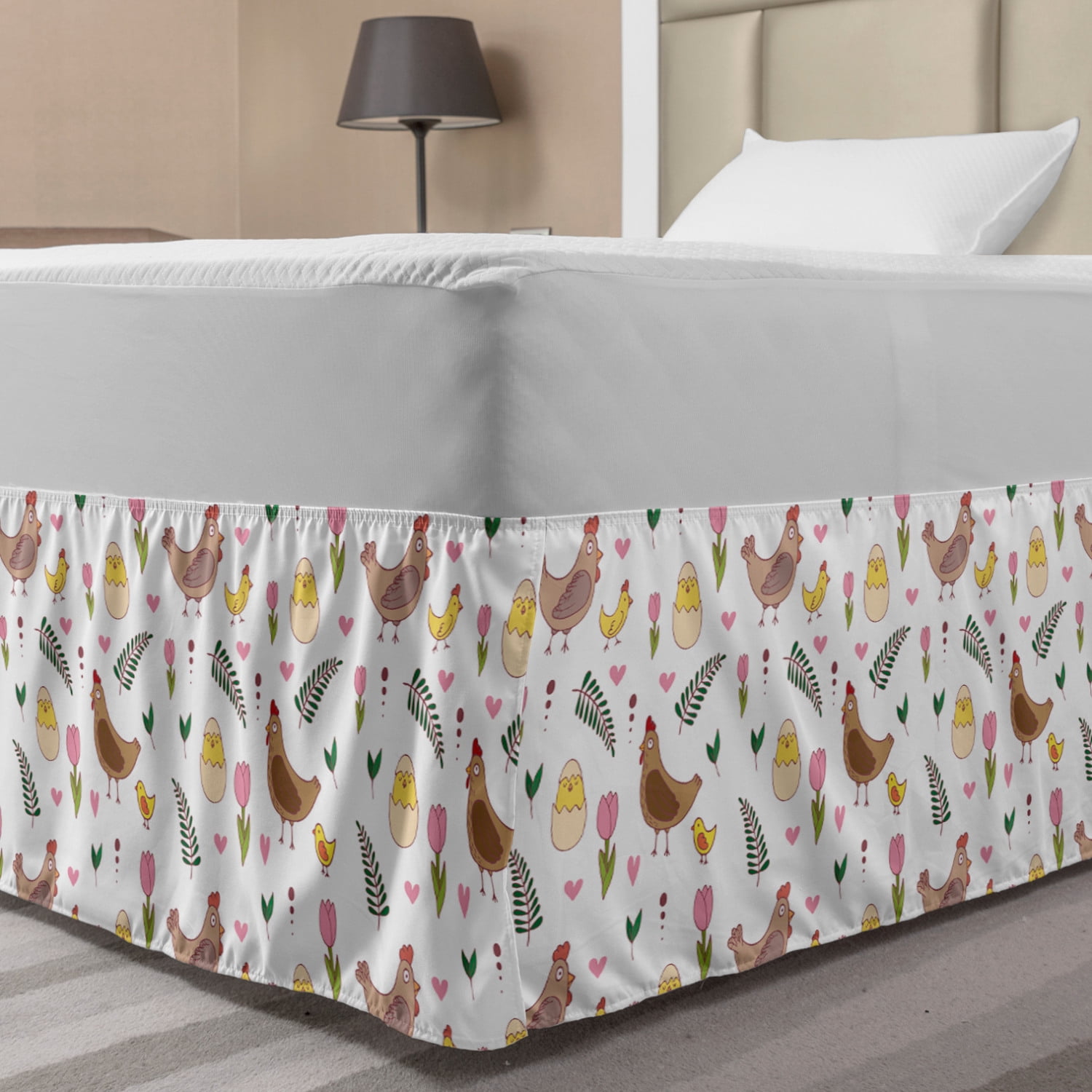Animals Bed Skirt, Nursery Pattern Chickens Hatching Chicks Tulip