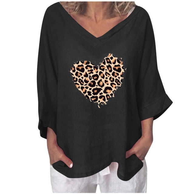 DPTALR Haut Ample pour Femme de la Saint-Valentin à Col en V Imprimé Vintage Rétro en Lin à Manches 3/4